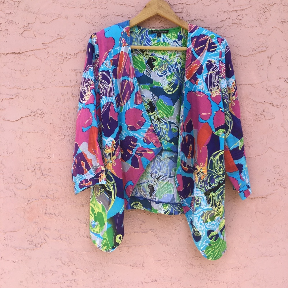 Alberto Makali Abstract Linen Open Front Jacket Size M